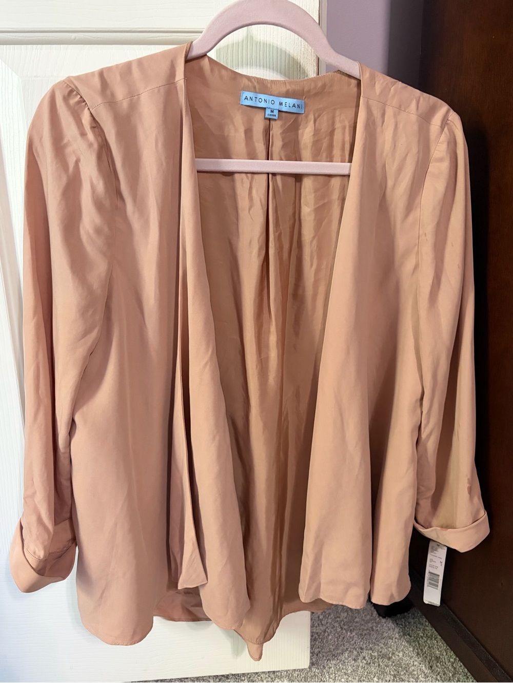 ANTONIO MELANI Rose Taupe Open-Front Draped Blouse